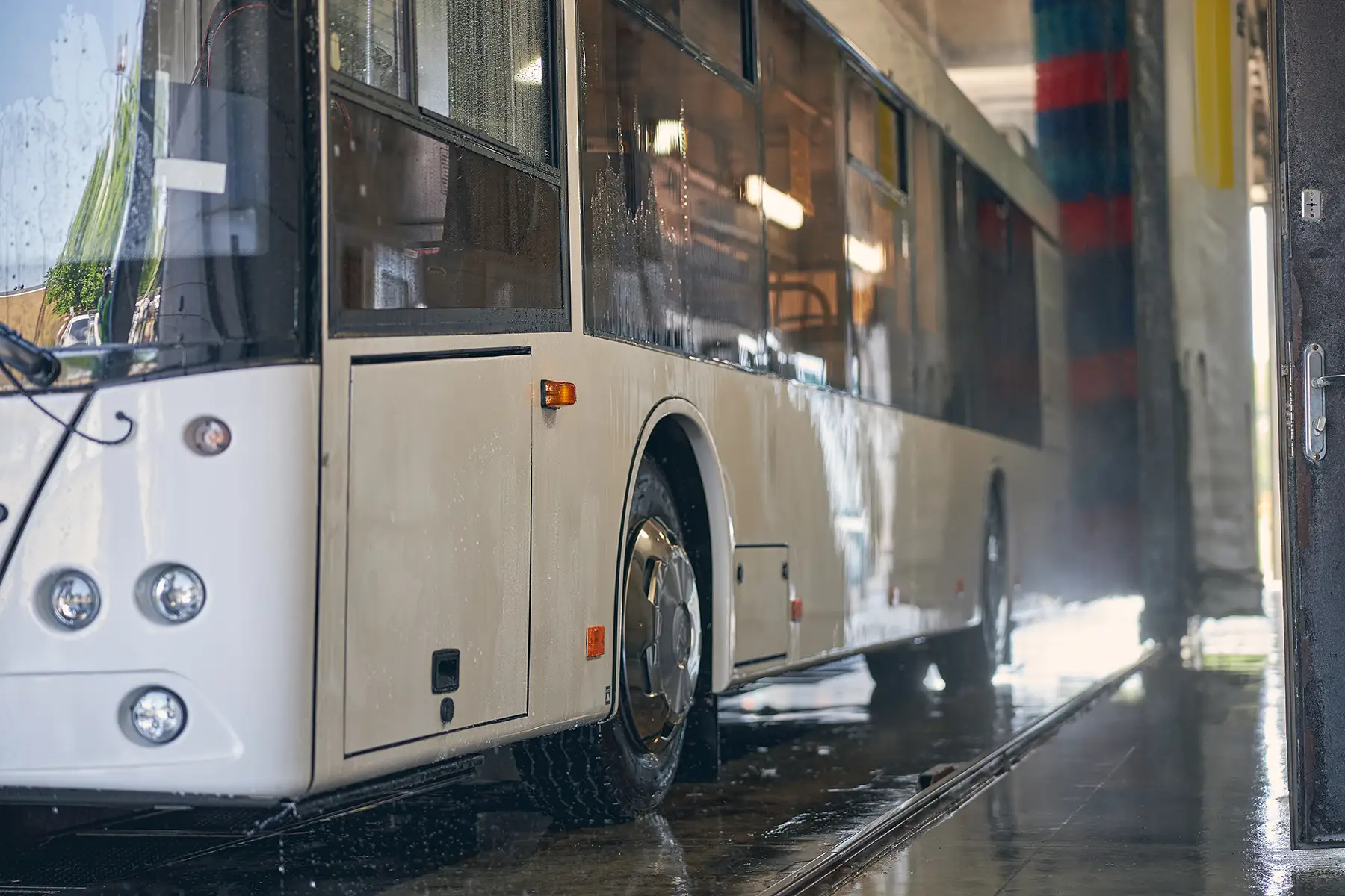 Passenger bus being cleaned and prepared for service