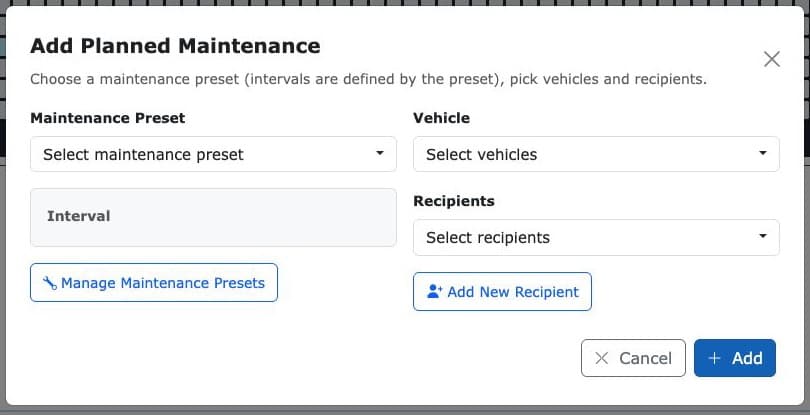 Redtail add planned maintenance dialog with preset, vehicle, interval and recipient fields