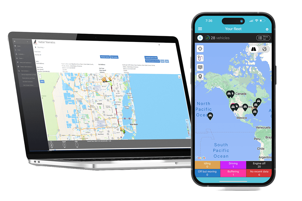 Redtail portal journey view on a laptop and the Redtail Fleet App displaying vehicle locations on a phone